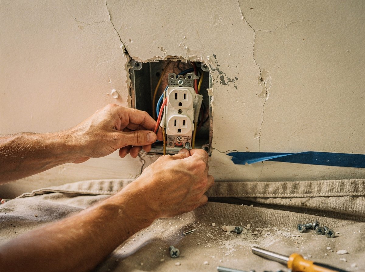 Hands installing a new outlet into an old apartment wall