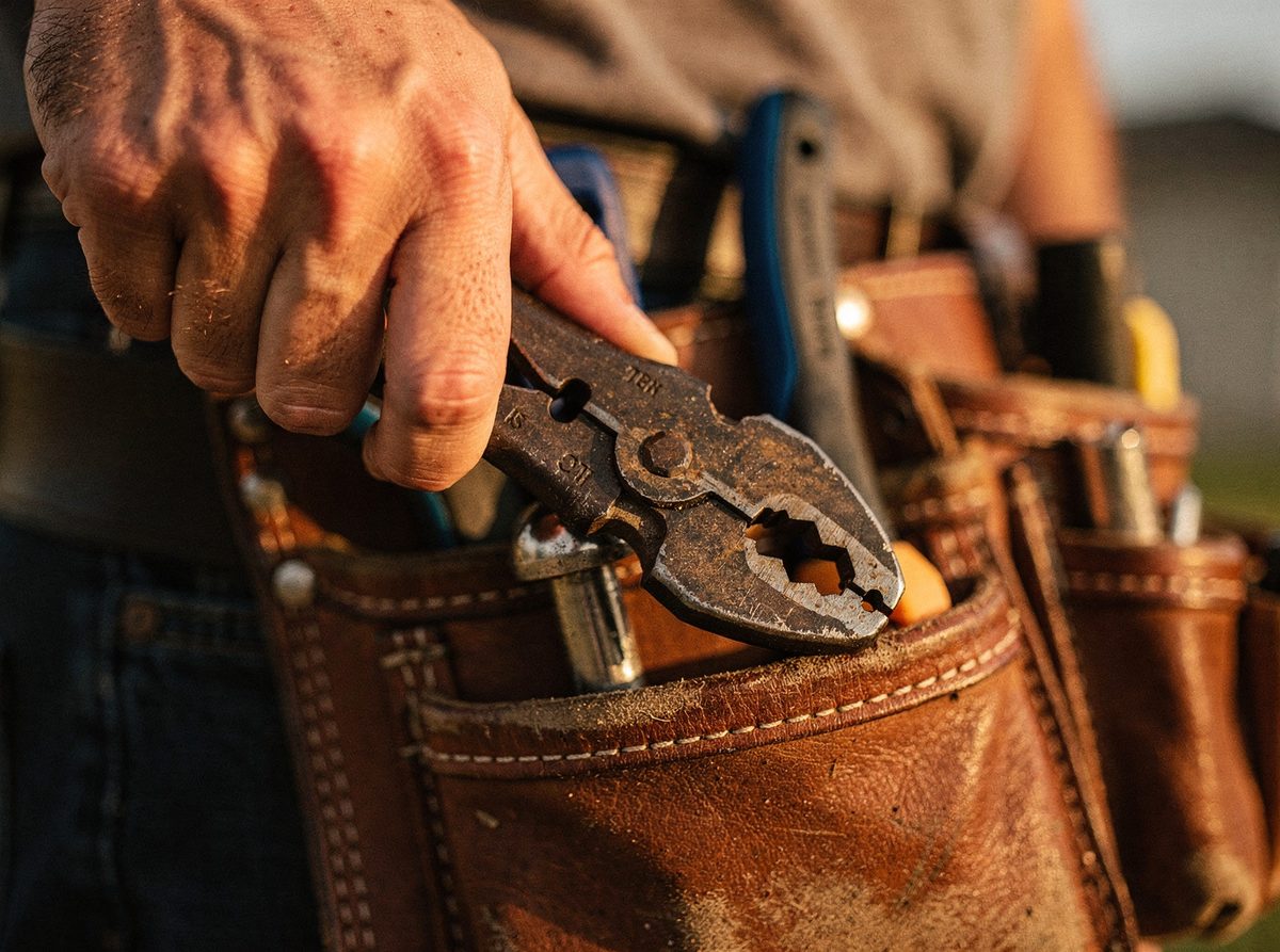 Hand holding wire strippers pulled from a tool belt